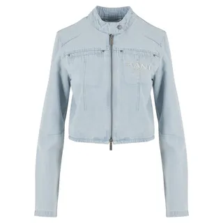Allwetterjacke KARL KANI "Karl Kani Retro TM Denim Biker Jacket", Damen, Gr. XS, blau (bleached blau), 100% Baumwolle, mehrfarbig, normal, amerikanischer Ausschnitt, Jacken