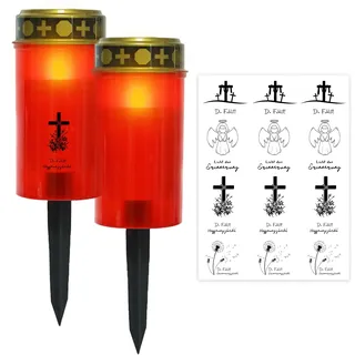Ronoza LED Grablicht Rot - 2 Stück Grabkerze mit Kerzentattoos und Erdspieß für Draußen - Grableuchte für Weihnachten