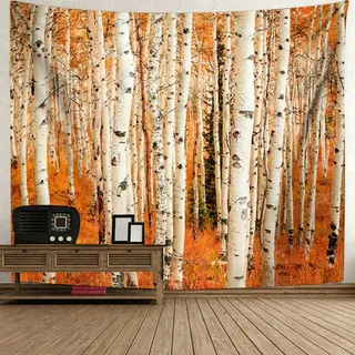 Gualiy Wandteppich 350x256, Wandbehang Natur Herbst Birkenwald Tapisserie Landschaft Extra Groß Wandteppiche für Zuhause