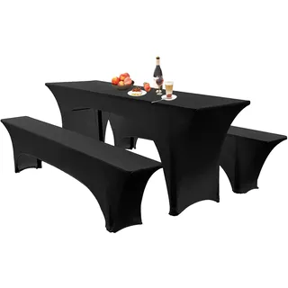 Elastische Hussen Für Bierzeltgarnitur Biertischhussen Bierbank-Auflage & Tischdecke 50 cm Oder 70 cm Tischbreite, 3 TLG Set Stretch Hussen Für Festzeltgarnituren Bierbank (50cm,Black)