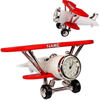 alles-meine.de GmbH kleine - Tischuhr/Miniatur - Uhr - Doppeldecker Flugzeug/Oldtimer - inkl. Name - aus Metall - 10,8 cm - batteriebetrieben - Analog - Batterie - weiß - rot..