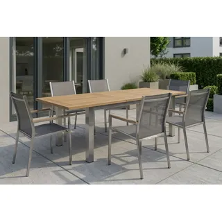 STERN Cardiff Garten-Essgruppe, silber/silbergrau, Edelstahl/recyceltes Teak, Tisch 200/260 x 100 cm, 6 Stapelsessel, FSC®-zertifiziertes Produkt
