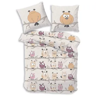 DOBNIG Bettwäsche Flanell, Flanell, 2 teilig, lustige Eulen, sandfarben beige