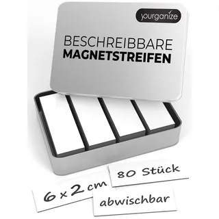 YOURGANIZE® Magnetstreifen beschreibbar | 80 Stück, 60x20 mm | Magnetschilder zum Beschriften | Für Kühlschrank, Whiteboard & Tafel | Magnetstreifen | Weiß