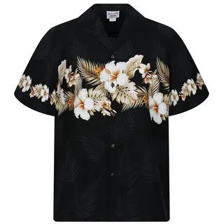 Pacific Legend Hawaiihemd "Blumen Brustdruck" Herren Kurzarm Kokosknöpfe Original Hawaii schwarz S