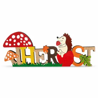 Herbst Deko Schriftzug Herbst zum Hinstellen,Holz Igel Tisch Deko Desktop | Herbstliches Wandschild zum Aufhängen,Tischdeko Herbst mit Herbstblätter Pilze Igel,Kreative Tür- & Wanddeko für den Herbst