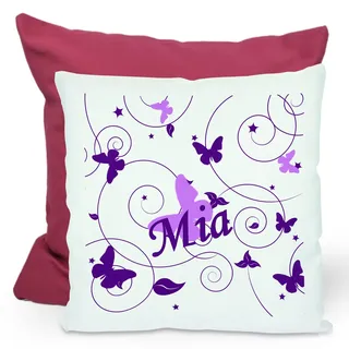 CreaDesign, Kinder Kissen 40x40 cm personalisiert mit Namen, Kinderzimmer Deko Kissen Kinder mit Füllung Federn, Motiv Schmetterling Flieder lila, Rückenfarbe Lila