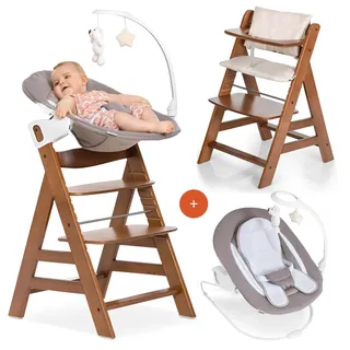 hauck Alpha+ Hochstuhl Newborn Set mit Deluxe Bouncer - Walnuss | Mitwachsender Holz Kinderhochstuhl ab Geburt bis 90 kg | inkl. Neugeborenenaufsatz & Sitzkissen