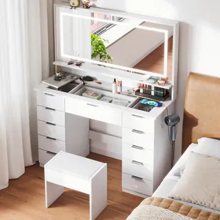 Mondeer Schminktisch mit LED Beleuchtung und Steckdosen, Glasplatte Schminktisch mit Spiegel, Hocker, 11 Schubladen 1 offene Zelle für Schlafzimmer, Weiß