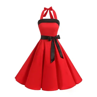 Timormode Damen Vintage Cocktailkleid Knielang Neckholder Swing Retro Rockabilly Kleid XXL Rot - XXL