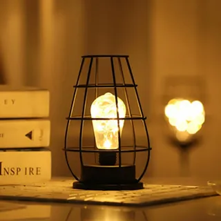Tuzsocr Vintage Nachtlicht, Black Metal Wire Tischlampe, Käfigstil Nachttischlampe Industriell, Batteriebetrieben,Tischlampen kabellos mit LED für Wohnzimmer, Nachttisch, Esszimmer, Garten (Stil 4)