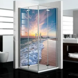dedeco Eck-Duschrückwände Aluminium wasserfest Motiv: Strand V5, Nano-Protect seidenmatt, 2 x 80x200x0,3cm, Fliesenersatz fugenlos Wandverkleidun...