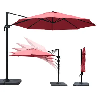 paramondo parapenda Sonnenschirm Ampelschirm aus 230 g/m2 Polyesterfaser, Rund, Ø 3,5 m, 360° Schwenkbar, Kurbelbedienung, Weinrot, Stahl-Standkreuz und Gestell in Anthrazit, 20.6kg