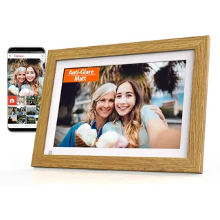 Cytem Digitaler Bilderrahmen 10.1 Zoll mit WLAN & Frameo, Anti-Glare Matt, 32GB Speicher, Bewegungssensor, für USB-Stick +SD-Karte, automatische Bilddehung, IPS-Touchscreen 1280x800, Holzoptik MDF