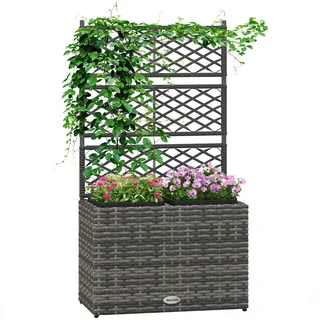Outsunny Pflanzgefäß mit Rankgitter, Hochbeet mit 2 Innentöpfen, Stahlrahmen und PE Rattan, 57x30x107cm, Grau