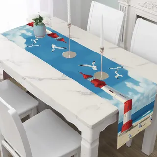 Tischläufer Leinen 30x120 cm Nautisch Leuchtturm Tischdeko für Esstisch & Küche Küsten Möwe Akzenttisch Dekor Maritim Strand Tischläufer für Feierlichkeiten Abwaschbar