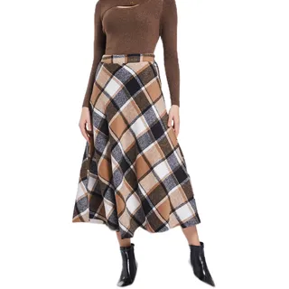 Rock Damen Winter Lang Woll Faltenrock Vintage Elegant Plaid Hohe Taille Warm A-Line Röcke Trachtenrock - M