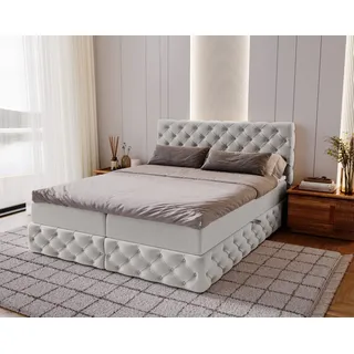 Kaiser Möbel Boxspringbett Chesterfield-Kontinentalbett Luxury Stoff Royal Velvet (Bett-Set mit Matratze und Topper), Bettkasten und Topper und Matratze silberfarben 140 cm x 200 cm