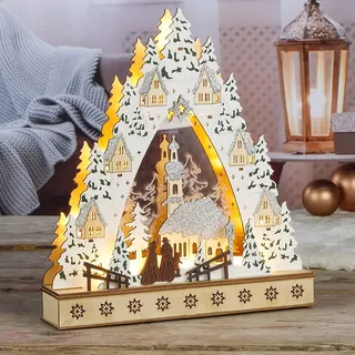 Haushalt International Beleuchtete LED Holz Weihnachtsstadt 3D Optik Schwibbogen 10 LED warmweiß Natur Weihnachtsdorf Weihnachtsszene Silhouette Lichterbogen