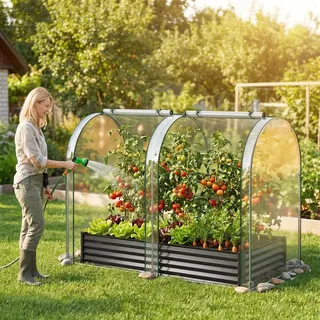 COSTWAY 3 in 1 Hochbeet Metall mit Gewächshaus, PVC-Abdeckung&2 Fenstern, Foliengewächshaus, Frühbeet für Kräuter, Blumenbeet, 180x100x145 cm ... - Schwarz