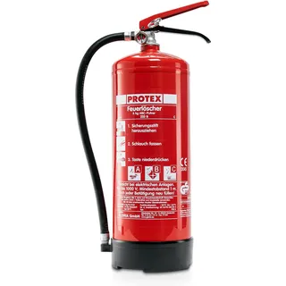 Protex – Pulverfeuerlöscher PDE 6 – 6 kg - für die Brandklassen ABC – Zertifiziert nach DIN EN 3 und CE – 9,5 kg – mit praktischer Halterung – mit Prüfplakette - Made in EU