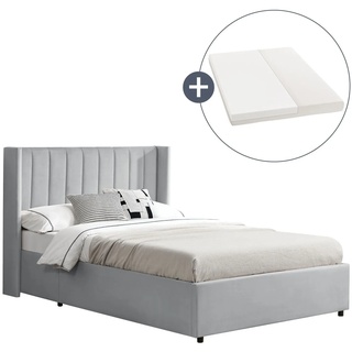 Juskys Polsterbett Savona 140x200 cm mit Bettkasten, H3 Matratze, Samt-Bezug, bis 250kg - Hellgrau