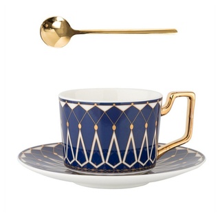 Dekorative Kaffeeservice Europäischer Keramik-Kaffeebecher, Tasse & Untertasse Set (1-tlg), Teetasse mit Untertassen und Löffel, Ceramic Teetasse Set blau