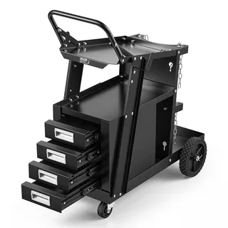 Vevor Schweißwagen 2 Ablageflächen mit 4 Schubladen Schweißmobil Max. 100-120kg Wagen für Schweßgeräte mit 2 Gasflaschenhalterung Ideal für Handschweißen Schutzgasschweißen Argon-Lichtbogenschweißen