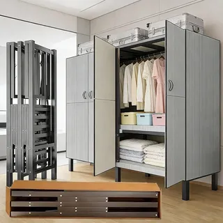 Ahtadums Faltbarer Kleiderschrank mit Magnettür, Tragbarer mit Großer Kapazität, Metall Faltschrank aus Stahlrohr, 500kg Tragfähigkeit, Garderobenschrank zum Aufhängen von Kleidung (Grau, 150cm)