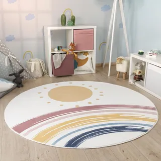 Paco Home Kinderteppich Teppich Kinderzimmer Rund Spielmatte Babymatte Waschbar Bis 30 Grad Sonne Regenbogen Schriftzug Motiv, Grösse:120 cm Rund, Farbe:Weiß