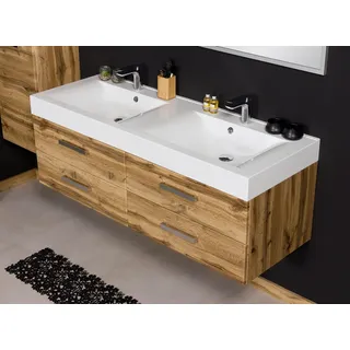 Quentis Badmöbelset ZENO 140 cm, Doppelwaschtisch mit Unterschrank, Eiche Natur, 4 Schubladen, Unterschrank montiert