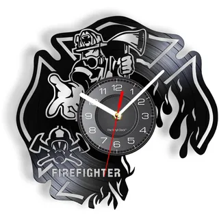 Guang trading 30cm Wanduhr Vintage Feuerwehrmann-Uhr, Feuerwehr-Wanddekoration, Wanduhr, Feuerwehrmann, Helm, Feuerrettung, Vinyl-Schallplatte, Wanduhr