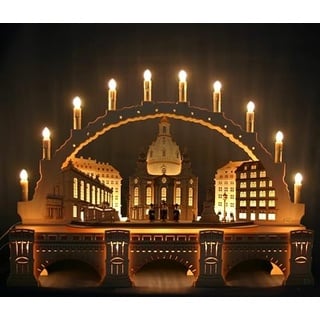 Großer 72cm 3D 10 Kerzen Schwibbogen Frauenkirche Dresden mit Unterbank Augustusbrücke - Feine Handarbeit Erzgebirge Weihnachten erzgebirgischer Lichterbogen