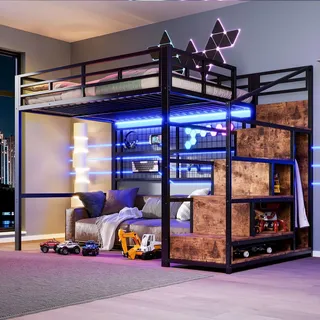 Merax Etagenbett Hochbett 140x200 cm, Kinderbett mit Kleiderschrank und LED-Beleuchtung, Jugendbett mit Lagertreppe, Doppelbett, Stockbett, Schwarz - Schwarz