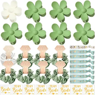Joycabin 32 Stück JGA Accessoires Frauen, Team Braut Haargummi, 8 Jga Blumen Haarklammern + 8 JGA Haarband + 8 Braut Armband und 8 Aufkleber für Hochzeit Junggesellenabschied Deko (Grün)