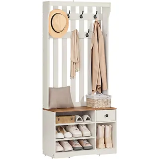YITAHOME Garderobenständer mit Schuhbank, Garderobenschrank, Garderobe, Flurgarderobe mit 7 Haken & Stoff Schublade, für Diele & Wohnzimmer, Schuhschrank,80x35x180cm, Weiß, Holz Weiß
