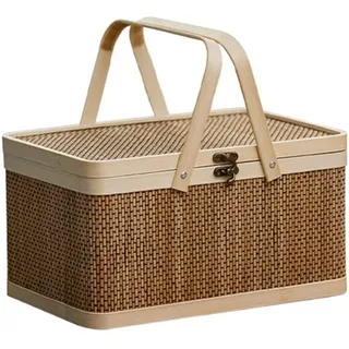 Kliplinc Bambuskorb, Bambus-Picknickkorb mit Deckel, Tragbarer Aufbewahrungskorb f ̈1r Snacks, Brot