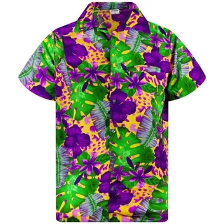 King Kameha Hawaiihemd Grün Lila Blume Funky Hawaii-Hemd Kurzarm Front-Tasche Stylish Unisex orange S