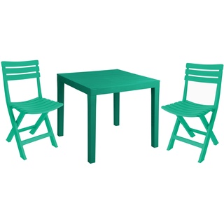 Garten Sitzgarnitur grün aus Kunststoff - 2 Klappstühle & Tisch - platzsparend & robust