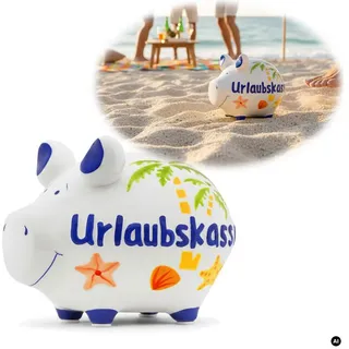 LS-LebenStil Spardose Keramik Sparschwein Spruch Urlaubskasse Palme Weiß Blau Sparbüchse, (perfekt als Geschenk zum Geburtstag Hochzeit oder Verlobung, Taufe, 1-tlg., 100% von Handbemalt, mit Filzgleiter - keine Kratzer), Exklusives Design, Originelle lustige Sprüche weiß 12.00 cm x 12.00 cm x 9.00 cm x 9.00 cm