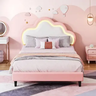 Kinderbett 90x200 mit LED-Streifen, Polsterbett 90x200 für Mädchen, Mädchen bett mit Verstellbares Kopfteil, Wolken-Einzelbett Bettgestell mit Lattenrost aus Holz, PU-Leder, Rosa, Ohne Matratze