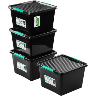 PAFEN 4x Aufbewahrungsbox mit Deckel Öko-Linie 32L - 39,5 x 39,5 x 26 cm - Boxen Aufbewahrung Stapelboxen mit Verschlussclips Kunststoffbehälter Kleiderboxen Organizer | Schwarz