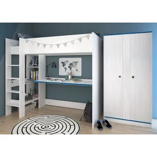 Parisot Jugendzimmer-Set Tivaro, (Set mit Hochbett, integrierter Schreibtisch und Kleiderschrank, Liegefläche 90 x 200 cm), kein Lattenrost erforderlich weiß