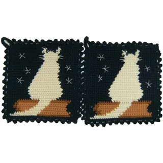 1 Paar Topflappen Katze auf Buch, gehäkelt Handarbeit