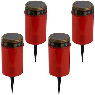 4er-Set Solar LED-Grabkerze Rot - Sicheres Grablicht mit Erdspiess - Umweltfreundlich, flackernd - Ø 7x20cm, 1x AAA Batterie - Gedenken ohne Brandgefahr