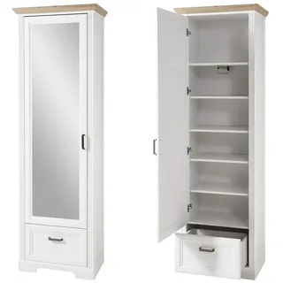 Lomadox Garderobenschrank JÜLICH-36 Landhaus mit Spiegeltür in Pinie weiß mit Artisan Eiche 65/204/41 cm weiß