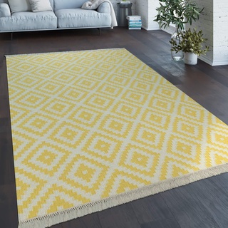 Paco Home Teppich Modern Marokkanische Muster Handgewebt Skandi Rauten Fransen Gelb Weiß, Grösse:160x230 cm