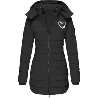 Lang Steppmantel Damen Liebe Herz Drucken Winterjacke Langarm Jacke mit Kapuze Dicke Warme Wintermantel Reißverschluss Steppjacke Schlanke Mantel Winter Kapuzenjacke Taschen Outdoorjacke Wanderjacke - XL