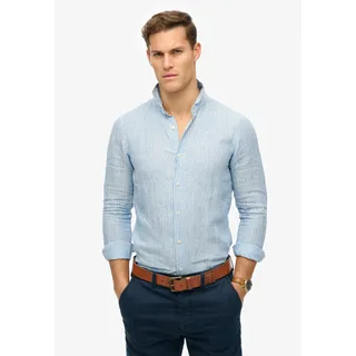 Langarmhemd SUPERDRY "VACATION L/S LINEN SHIRT", Herren, Gr. XXL, N-Gr, azure blau stripe, Web, Obermaterial: 100% Seide, gestreift, modisch, regular fit, Langarm, Hemden