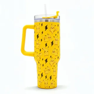 Pokemon Pikachu Trinkbecher mit Strohhalm und Deckel, auslaufsicherer Reisebecher, vakuumisolierte Edelstahl-Wasserflasche mit Griff, hält 17 Stunden kalt oder 5 Stunden heiß